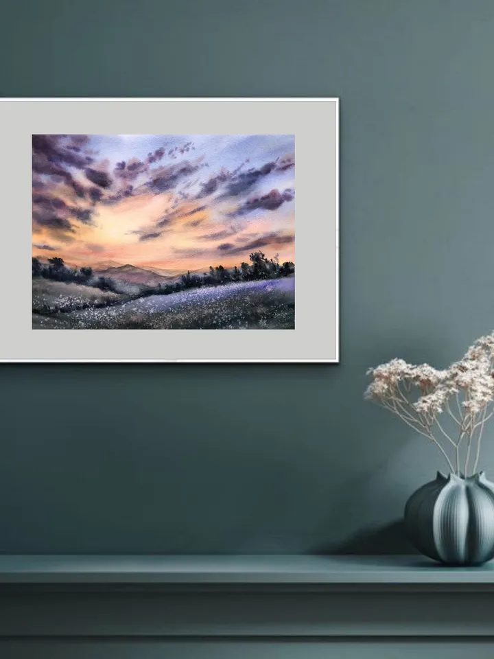 Sunset Painting Original Watercolor Landscape Cloud Painting Original Sky Wall art