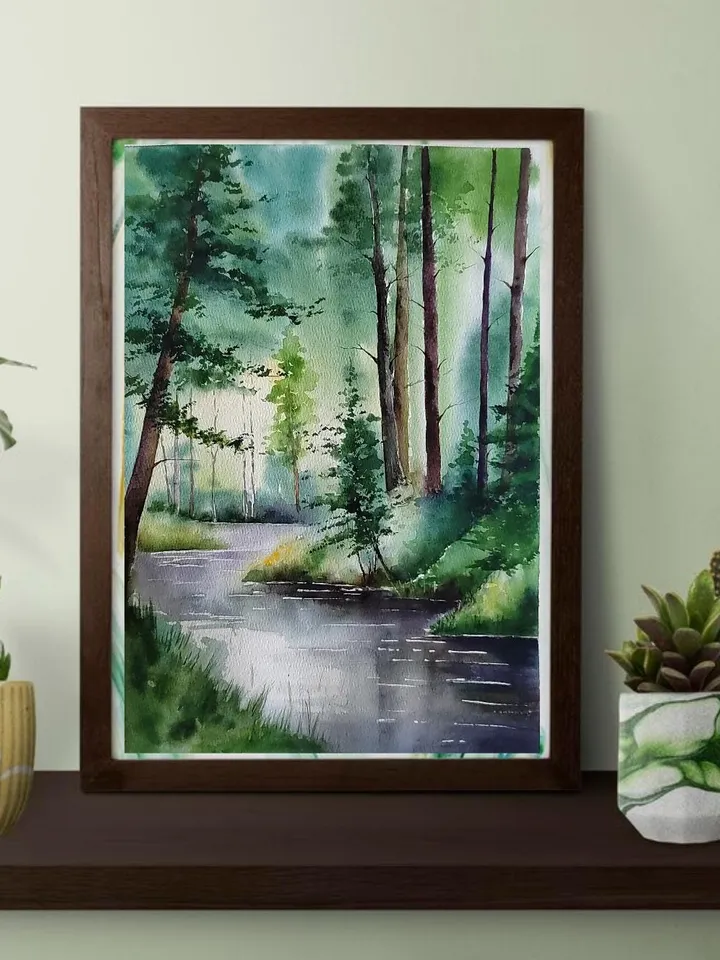 Forest Landscape Painting Original Watercolor Art Forest River Artwork Summer Forest Picture 10.62x15.35 in by Art Café