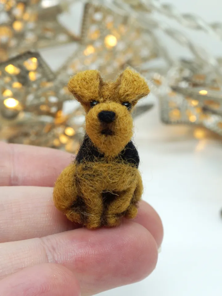 Tiny needle felted airedale terrier, miniature felted pet, dog portrait, Bingley waterside terrier, made to order