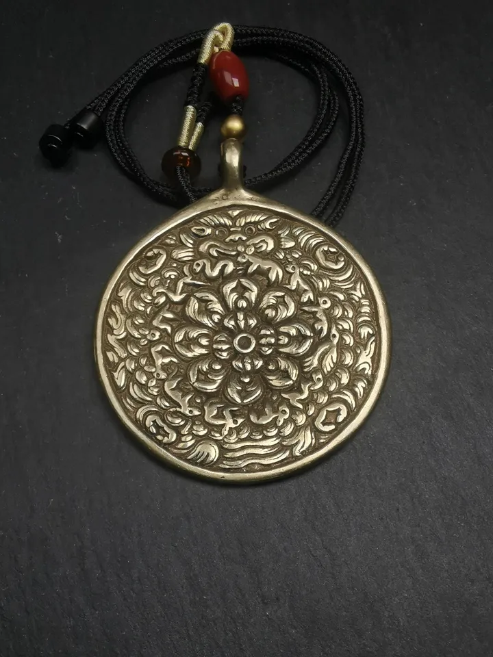 Gandhanra Tibetan Buddhist Mandala Flower Amulet Melong Mirror Pendant | Tibetan Calendar Badge | Handmade 55mm Feng Shui Protective Charm
