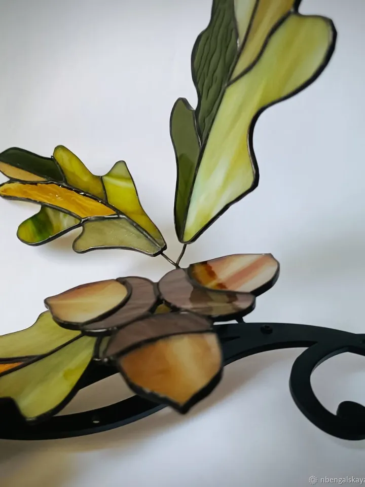 Stained Glass: Oak Twig. Tiffany Technique, Oak Branch. Tiffany-Style Stained Glass, Tiffany Stained Glass: Oak Leaf Branch, Tiffany-Style Stained Glass Oak Branch, Oak Twig in Tiffany-Style Stained Glass, Tiffany Stained Glass Oak Branch Design