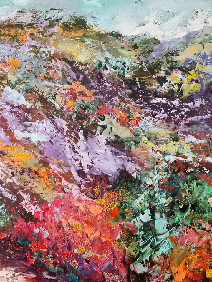 Trees Mountains Path Trail Original Art Oil Painting Abstract Artist Svinar Oksana