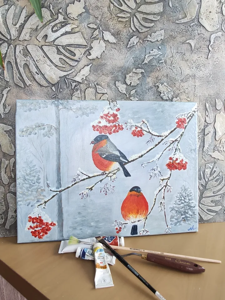 Bullfinches in winter oil on canvas 40*30 cm snow mountain ash birds