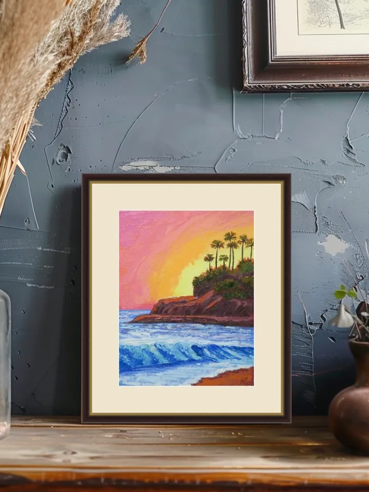 Original Oil Painting of Seascape Tranquil Sunset Over Ocean Waves On Canvas