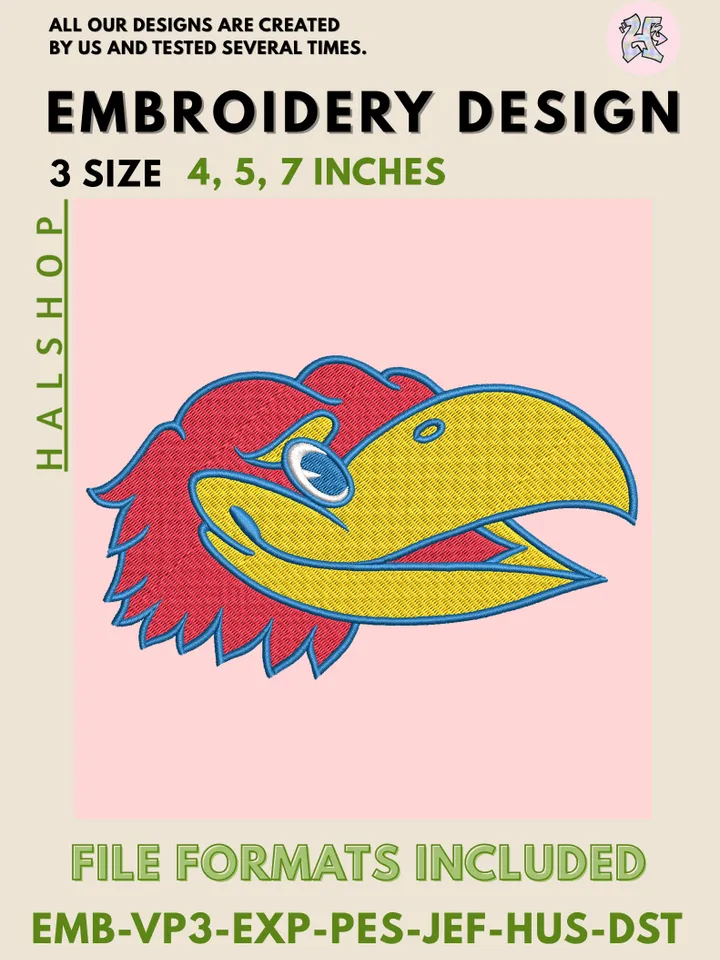 NCAA Kansas Jayhawks Logo Embroidery Design – College Team Digital Embroidery File 💙🐦
