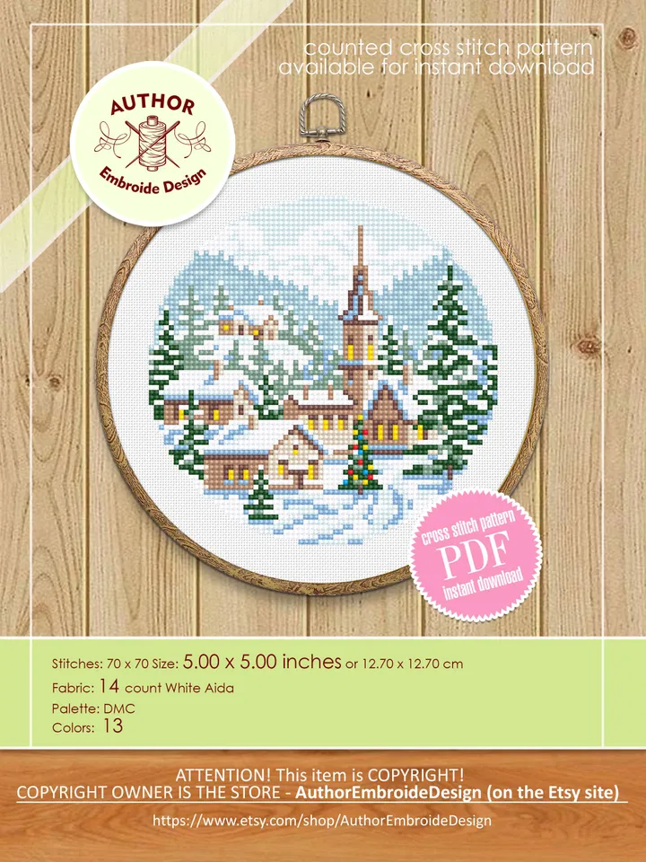 Christmas village cross stitch pattern PDF download Winter landscape cross stitch chart, Christmas pattern digital PDF, Snow landscape #N184