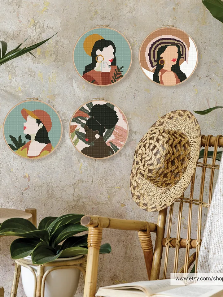 Bundle of 4 woman boho style cross stitch pattern Floral nature girl home decor counted chart gift DIY embroidery beginner instant PDF