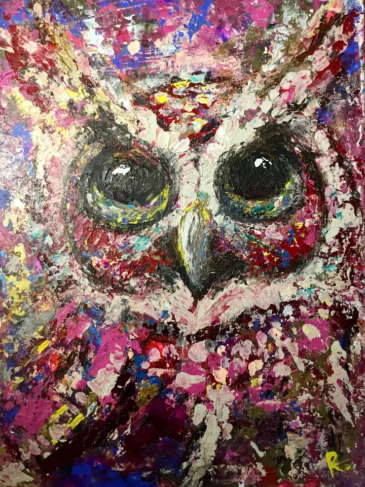 Colourful red owl painting on canvas board,original mix media brigh home decor wall hanging artwork,unique handmade gift for animal lovers