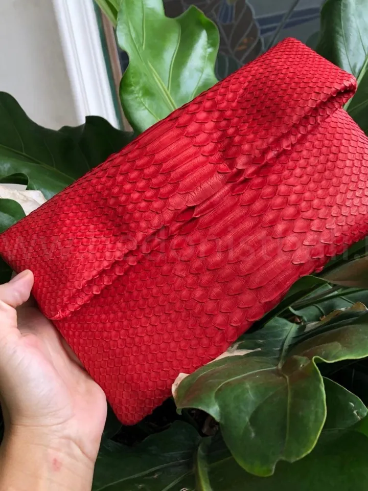Genuine Python Skin Envelope Red Clutch | Exotic Leather Bags | Small Classy Handmade Clutch | Flat women Elegant Evening Clutch| Snake Bag