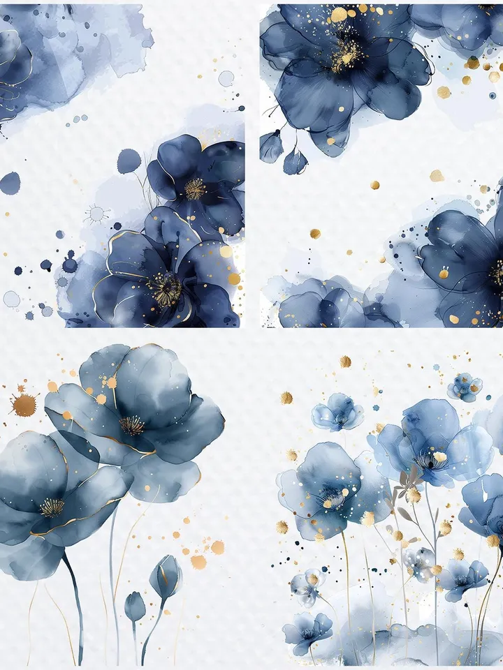 18 Abstract Blue Flowers PNG Bundle, Alcohol Ink Flowers Print Printable Watercolor clipart for sublimation, digital crafting, junk journals