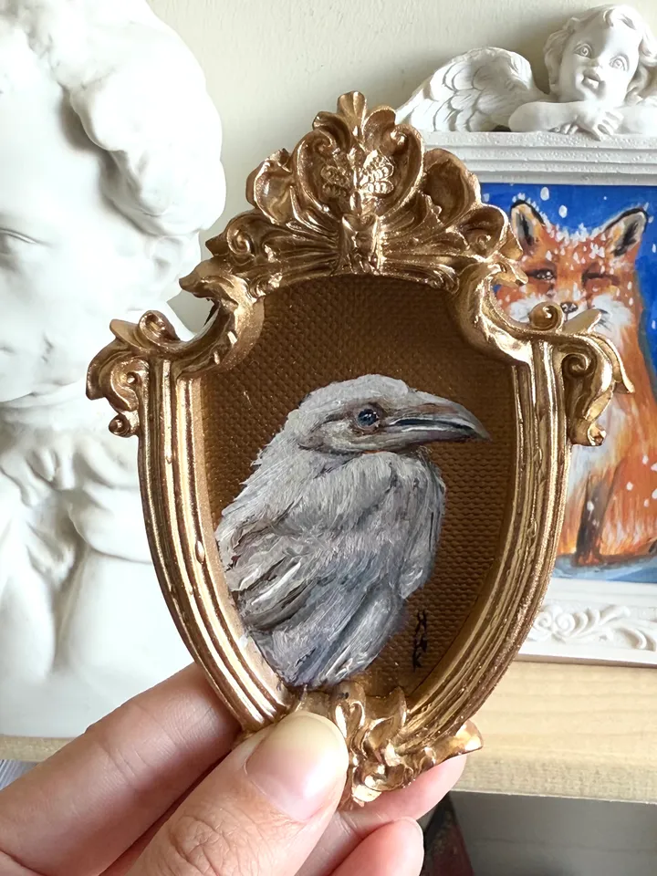 Framed Albino Raven Painting Small Original Witch’s Friend Artwork Crow Art Tiny Oil Painting Bird
