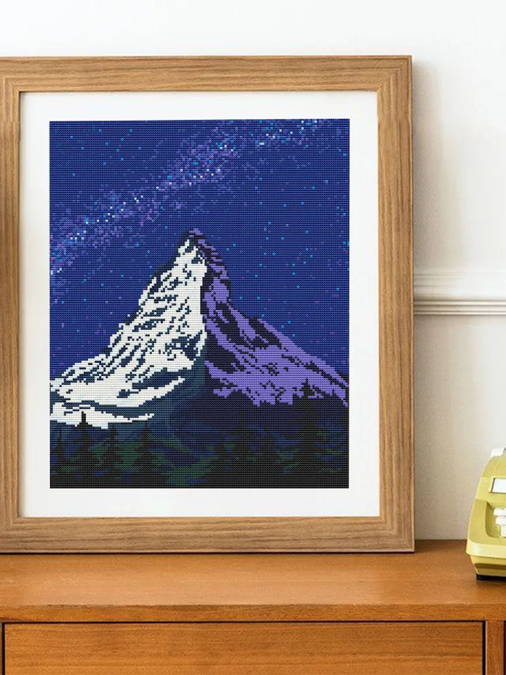 Mount Everest cross stitch pattern download PDF Mountain landscape cross stitch chart Nature beginner stitch Starry night sky digital #L32