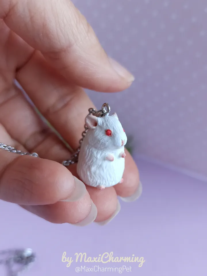 White Syrian hamster red eyes necklace
