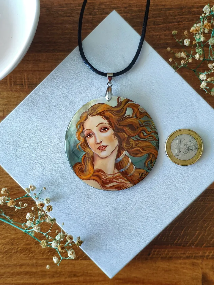 Pearl pendant necklace: The Birth of Venus by Sandro Botticelli painted on aesthetic pendant • Elegant dainty jewelry for cocktail party