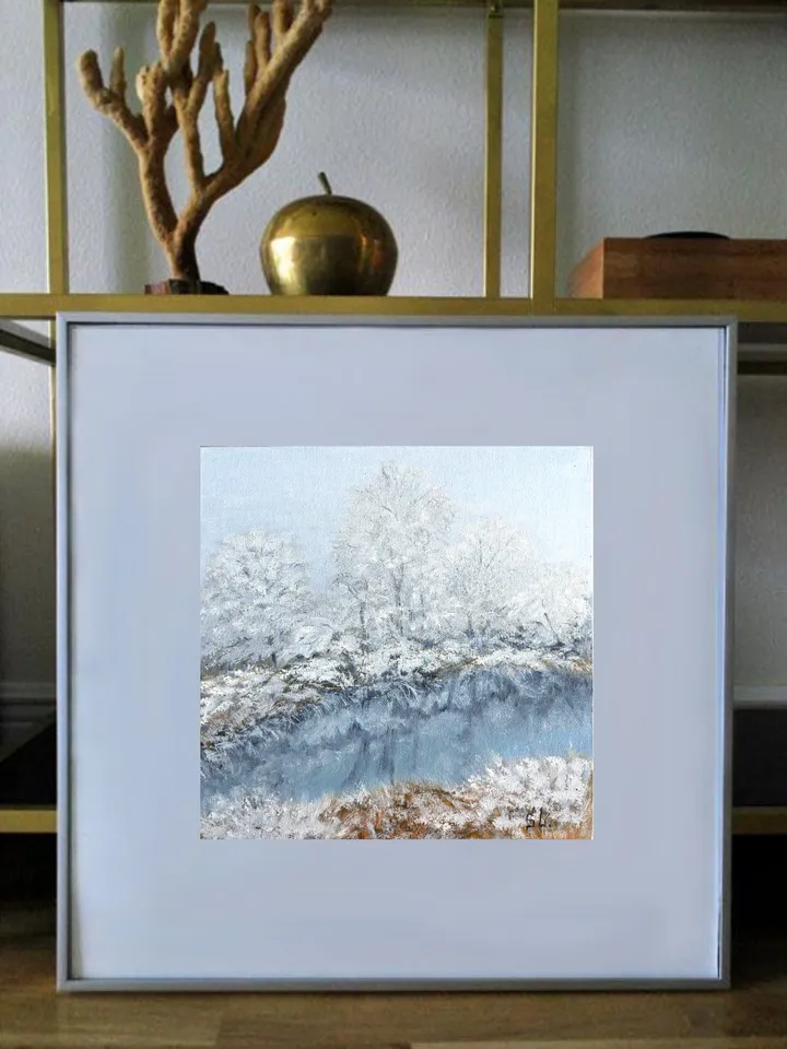 Painting winter landscape original art wall art canvas on cardboard 10x10 inches, oil paints