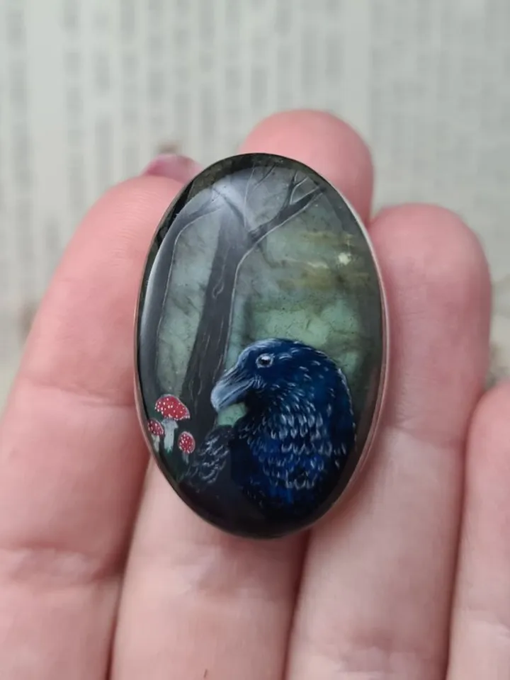 Raven ring Labradorite ring Stone painting Aaa large labradorite crow ring