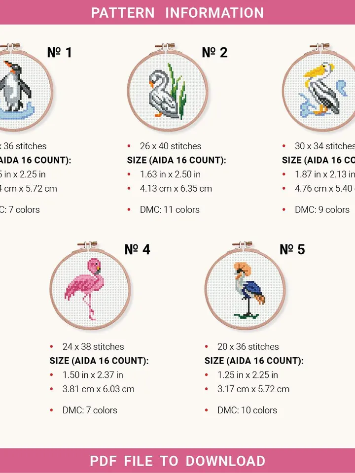 Bundle mini Birds 5 Cross stitch patterns, contemporary, Abstract, 3 inches, beginner, Tiny, modern chart, gift DIY, embroidery, instant PDF