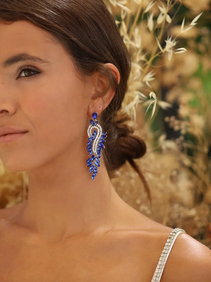 Art Deco Sapphire Blue Bridal Earrings, Blue Crystal Statement Wedding Earrings, Boho Earrings, Bridesmaids Earrings Crystal Drop Earrings