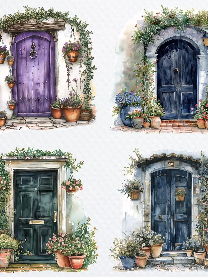 18 Vintage Floral Doors PNG Bundle, Old Doors Printable Watercolor clipart for sublimation, High Quality PNGs digital crafting, junk journal
