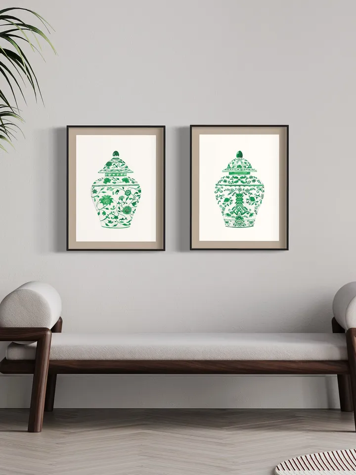Green Chinoiserie Set Of 2 Posters Watercolor Porcelain Ginger Jar Wall Art Green Vase Print Gift Home Decor Asian Vase Watercolor Prints