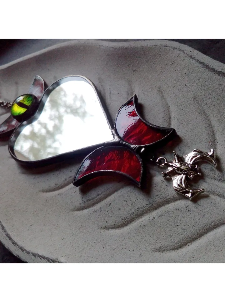 Stained glass scrying mirror necklace, Black goth ornate mirror, Bat mirror, Car hanger, Witch mirror, Heart mirror