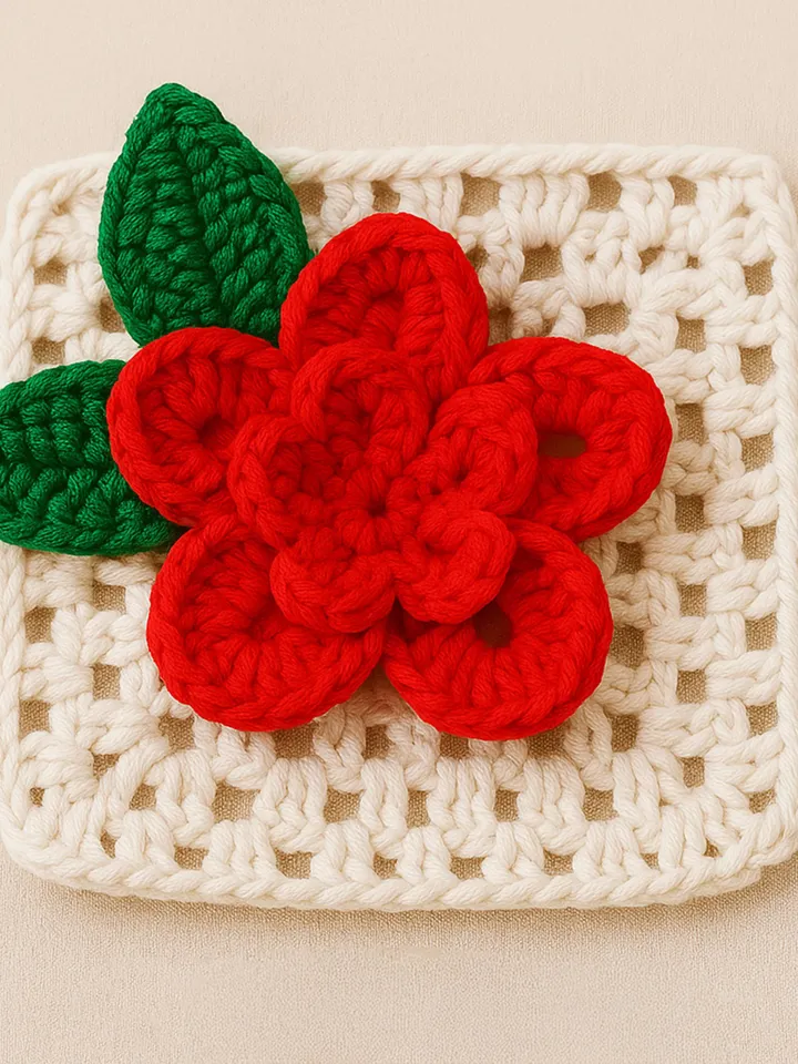 3D Crochet Granny Square Pattern PDF with Red Textured Bloom, DIY Afghan Blanket Motif, Instant Digital Download