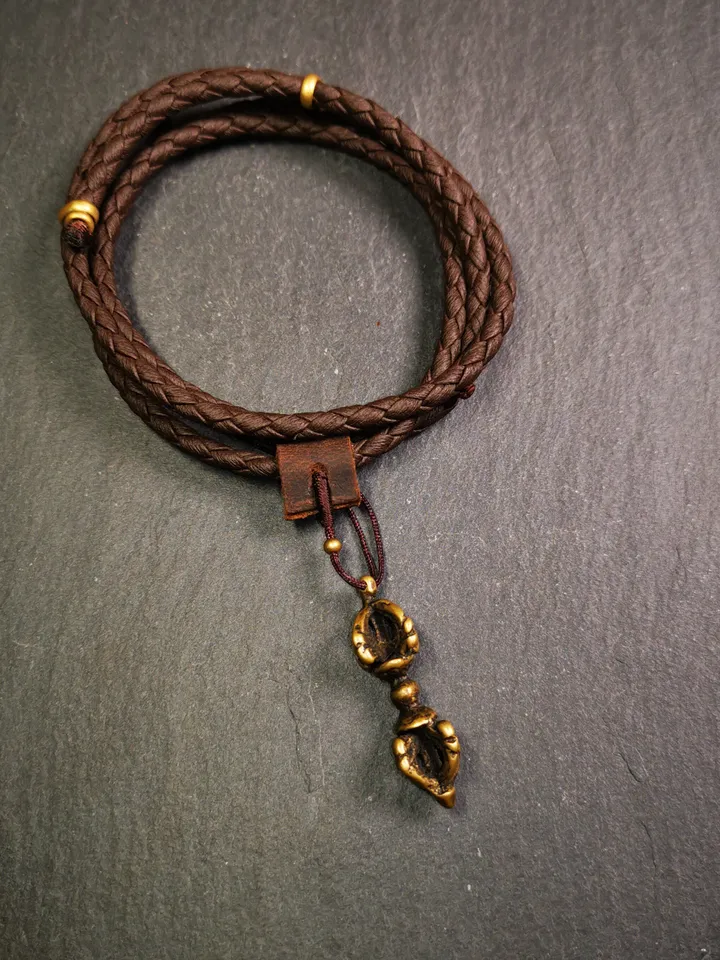 Gandhanra Tibetan Buddhist Amulet,Dorje Vajra Pendant with Leather Chord,Made of Brass,1.5"
