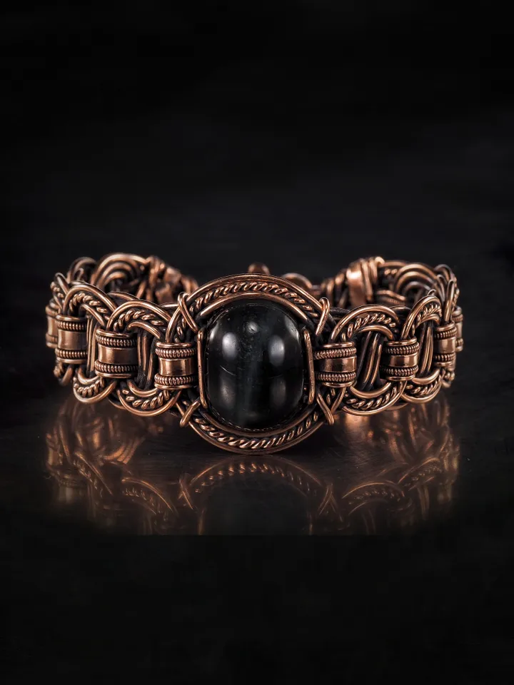 Copper wire bracelet with natural falcon eye, 7th Wedding Anniversary gift