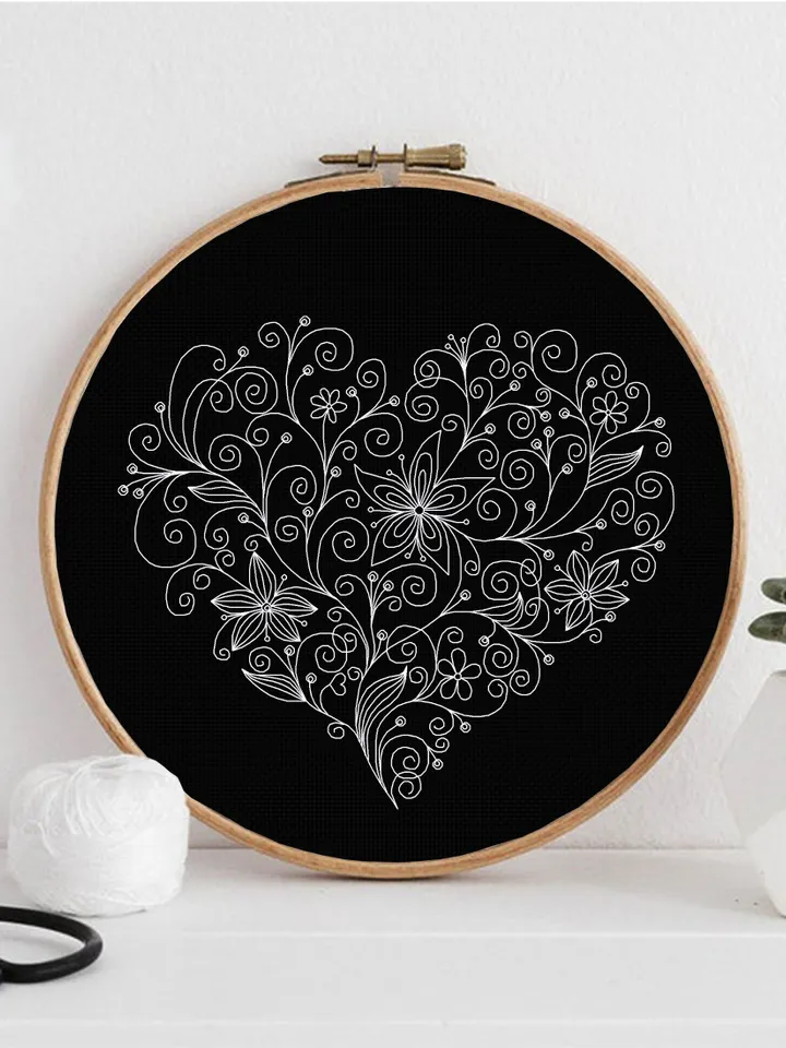 Floral heart blackwork pattern PDF download Flower heart embroidery, Backstitch chart Heart ornament, Floral curls Blackwork embroidery #W25