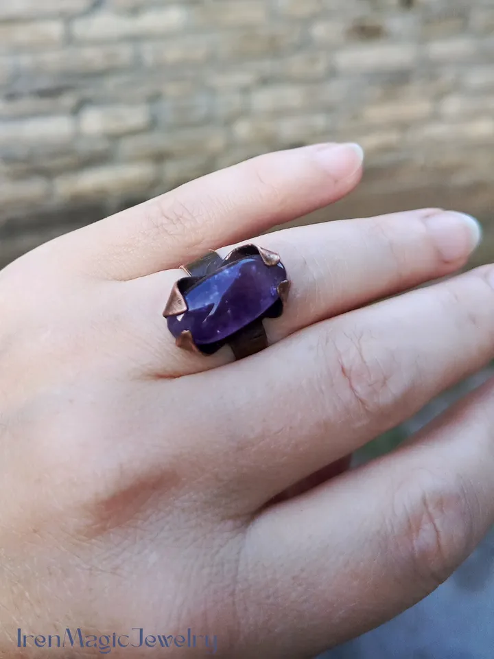 Copper Amethyst Oval Ring Boho Tribal Handmade