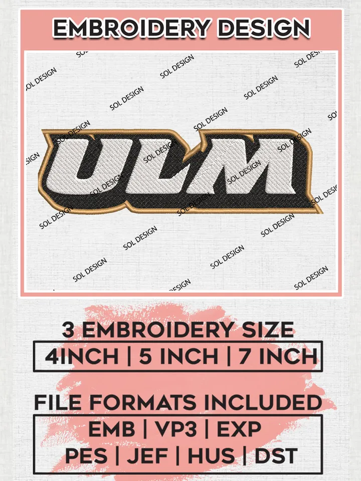 NCAA ULM College Football Team Word Logo Embroidery Design Files, NCAA Troy Trojans Machine Embroidery, NCAA Teams, Game Day, 3 sizes, NCAA Machine embroidery designs, Digital Download