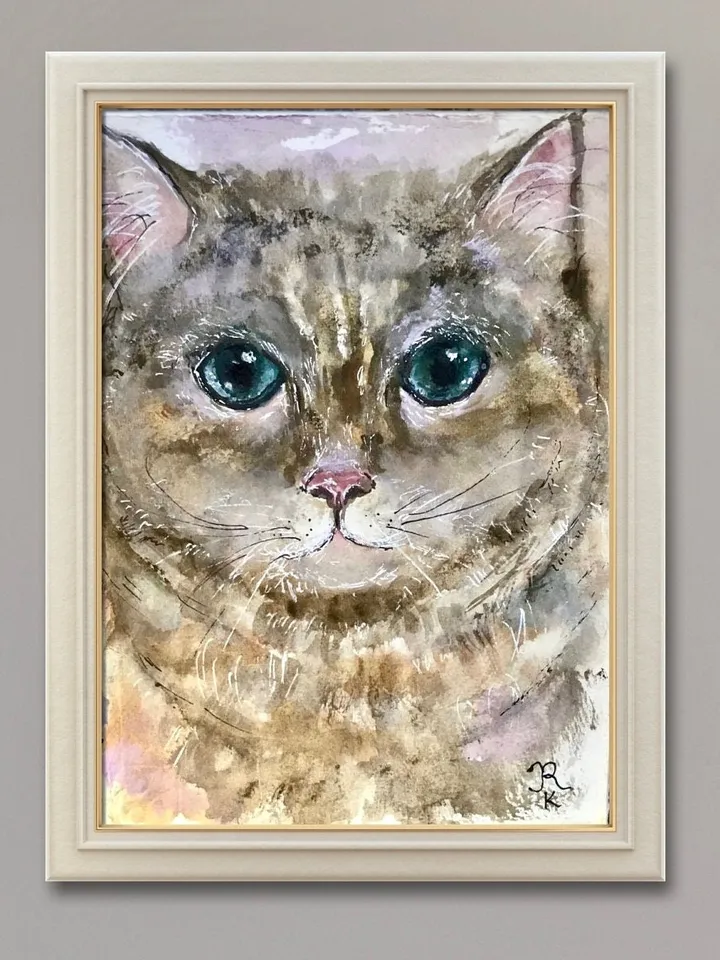 Fat grey cat original painting,watercolor original wall art,watercolor animals painting,cat lovers gifts,cat small original artwork,gift