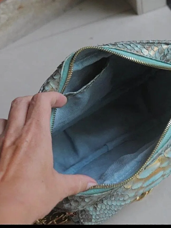 Genuine python skin crossbody blue sport bag with pocket | designer women leather handbag | snakeprint bag | crossbody purse | gift for her