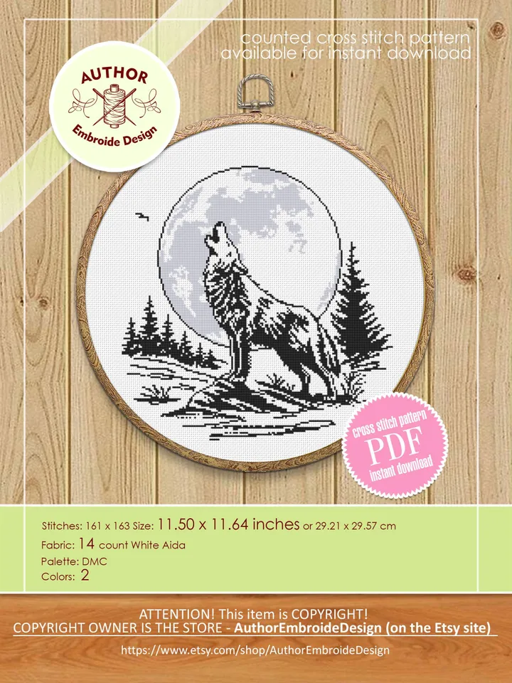 Wolf moon cross stitch pattern PDF download Howling wolf cross stitch chart, Nature pattern digital PDF, Full moon embroidery beginner #L85