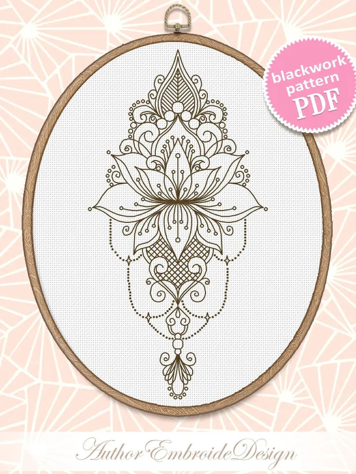 Lotus flower mandala blackwork pattern PDF Backstitch chart Mandala ornament, Blackwork lotus mandala embroidery download PDF #W33