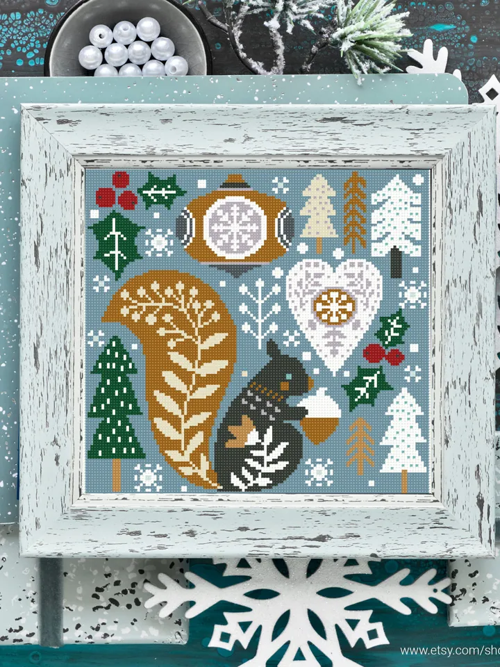 Scandinavian Christmas Bundle stitch pattern squirrel ornament New Year decor cross stitch pattern counted DIY embroidery instant PDF