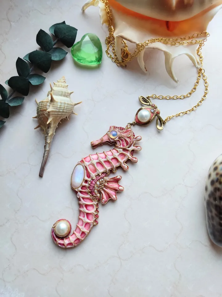 Seahorse necklace, Pink Seahorse, Pearl necklace, Seahorse jewelry