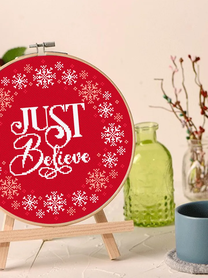 Christmas cross stitch pattern download PDF, Snowflake wreath cross stitch Christmas quotes Just believe, Christmas pattern digital PDF #N43
