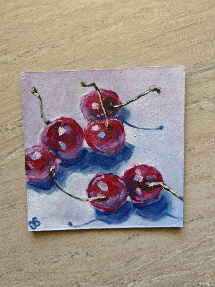 Cherries Original Painting Cherry Fruit Original Art Cherries Modern Artwork Bright Cherries Oil Painting Cherry On Table Fruit Wall Art Decor 5 x 5 inches by OlgaSokolovaArt