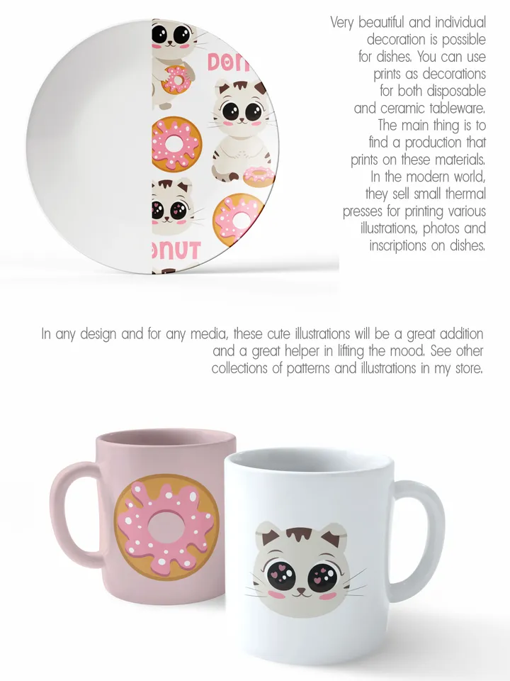 Prints and patterns of cute cats with donuts in vector