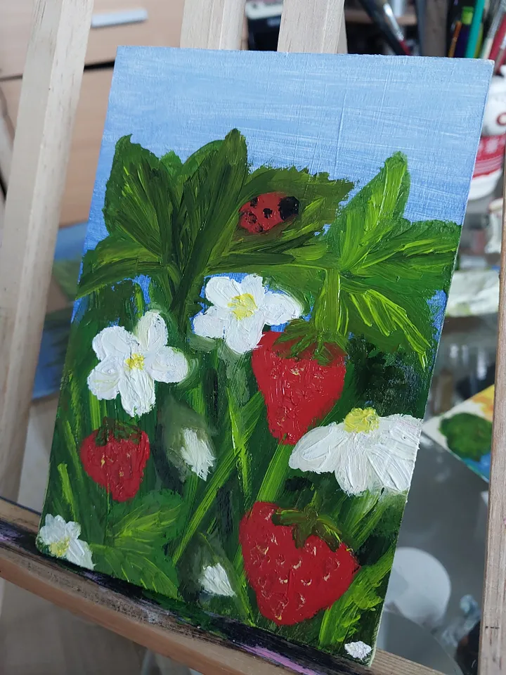 Oil Painting Strawberry Summer Berries Flowers Nature Wall Decor Miniature Cardboard 15x10 cm 6x4 inches In a frame