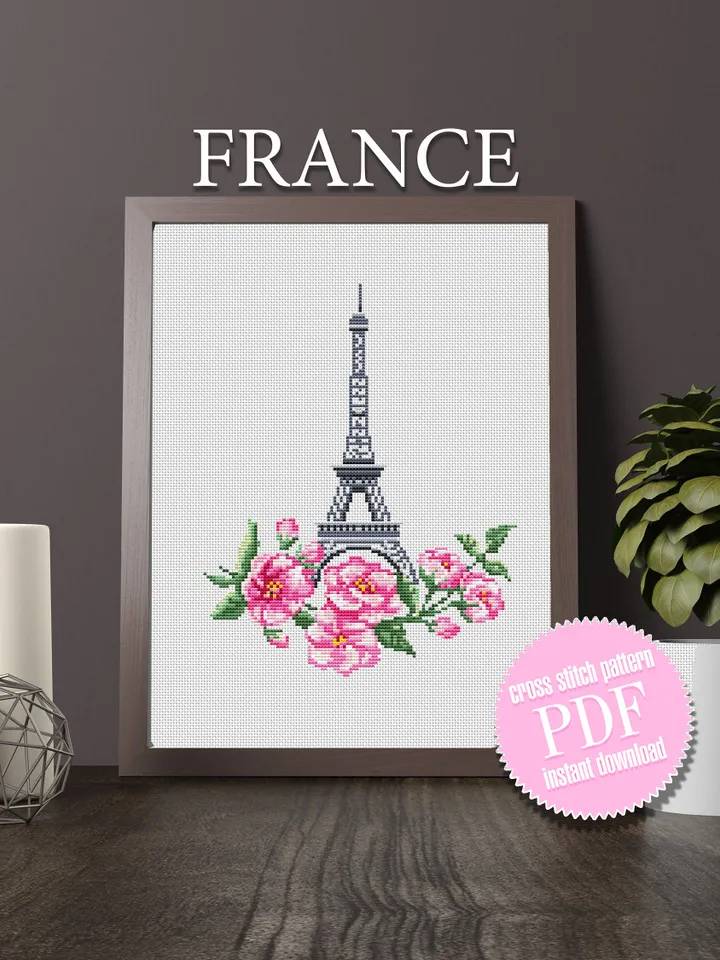 Eiffel Tower cross stitch pattern PDF download Sakura flowers cross stitch Spring beginner stitch Modern France embroidery Paris decor #E3
