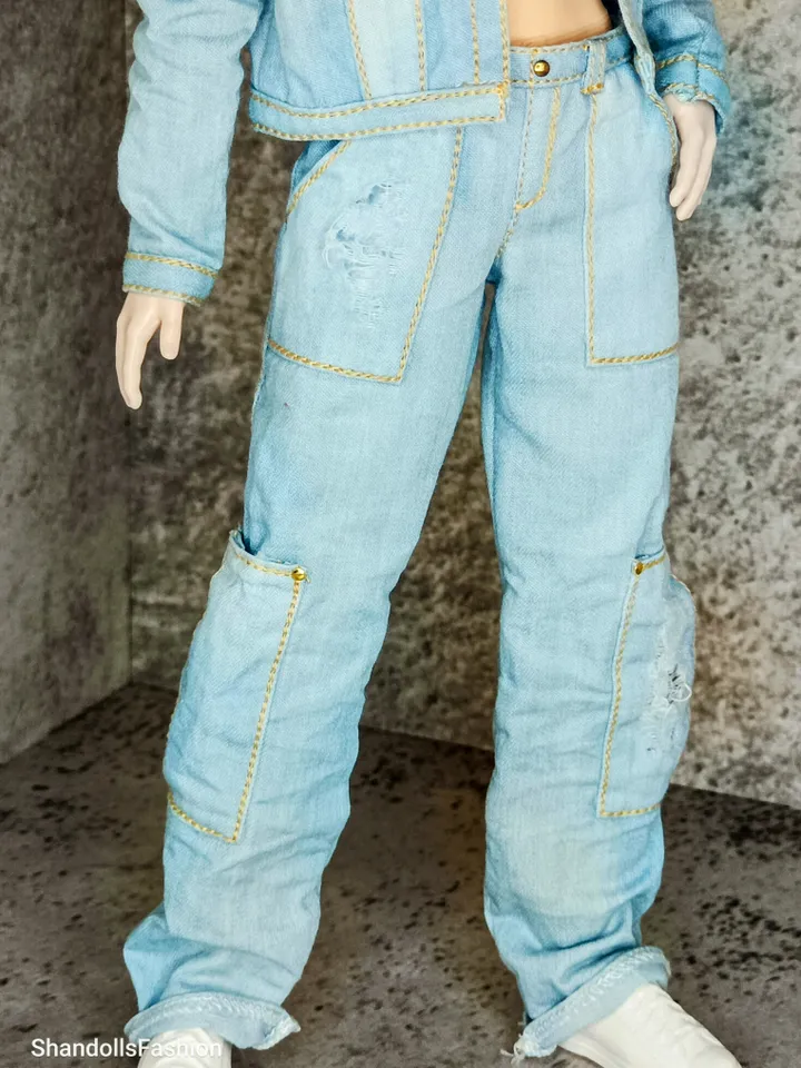 Ken's Distressed Denim Jacket and Cargo Jeans with Large Patch Pockets (Light Blue)
