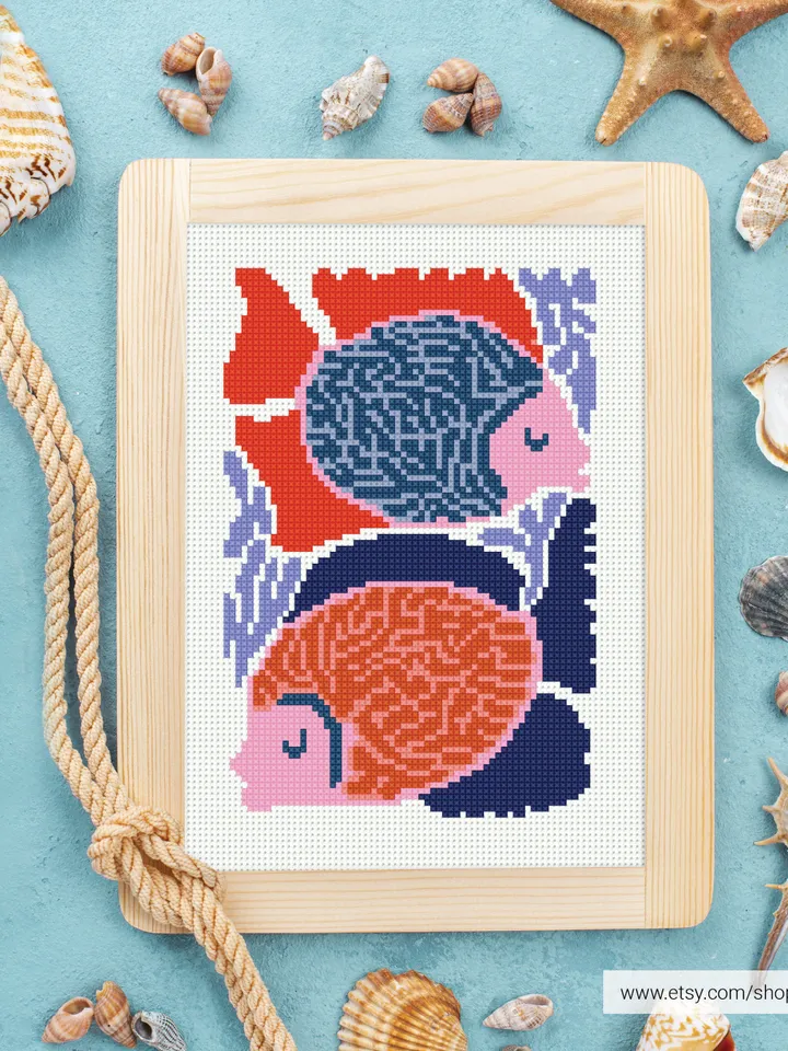 Bundle of 4 mini Sea Cross stitch patterns contemporary ocean fish shell Abstract beginner counted modern chart DIY embroidery instant PDF