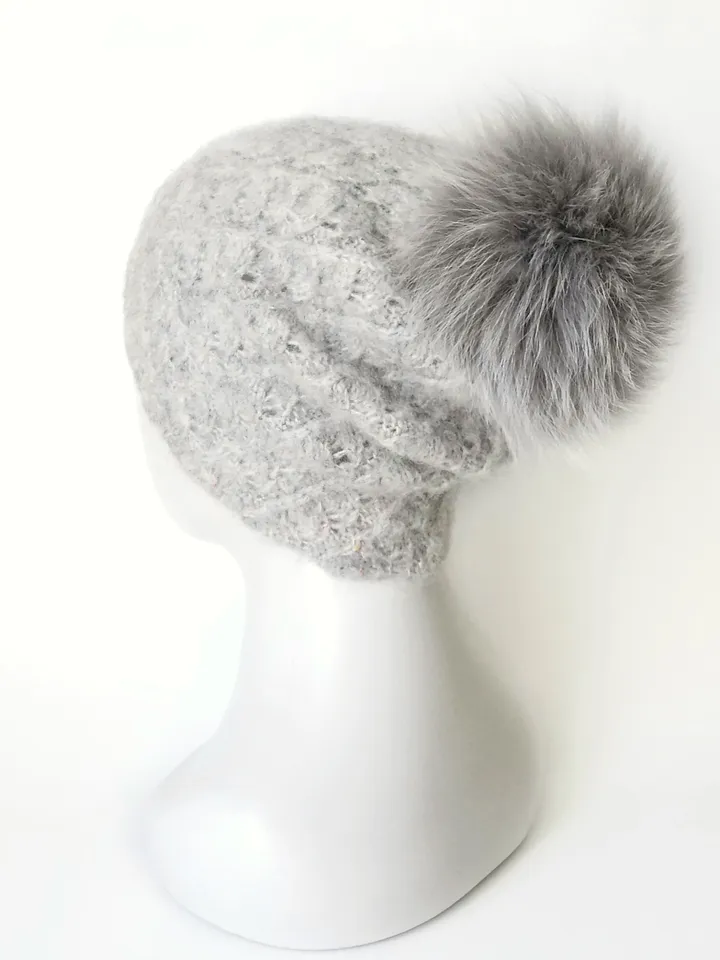 Hand-Knit Mohair Women's Hat in Light Grey with Pom Pom - Unique Winter Accessory. Cozy Handcrafted Women's Beanie. FREE SHIPPING!