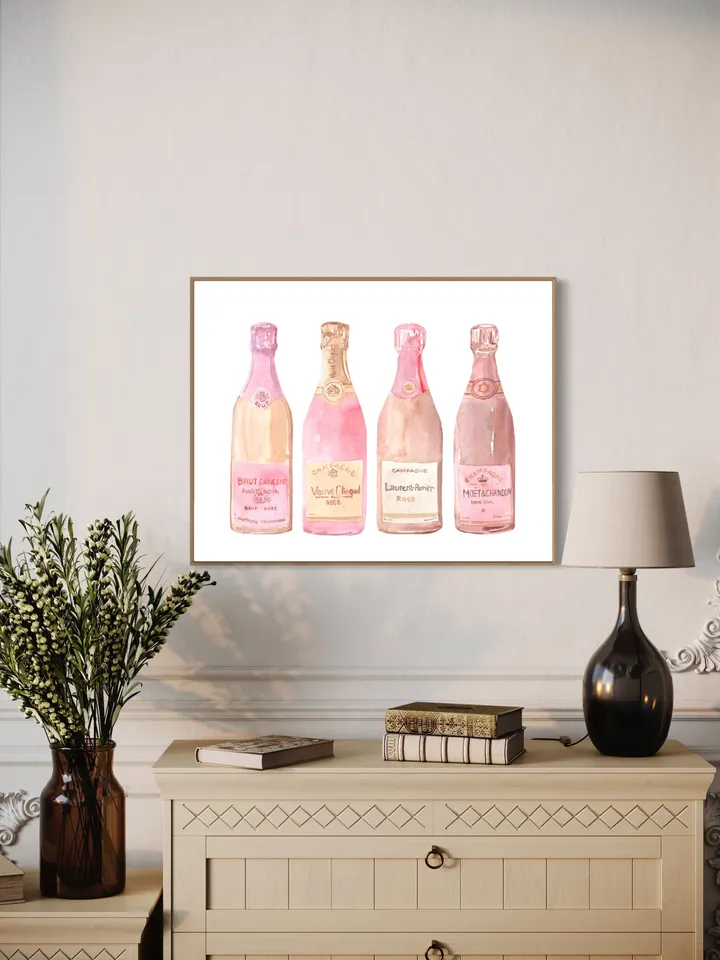 Bar Cart, Pink Champagne Bottle Watercolor Painting Print, Art Bar Cart Print, Pink Champagne Print, Drink Wall Art, Champagne Lover Gift