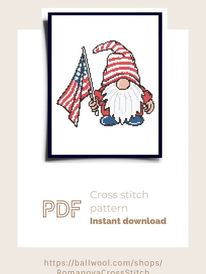 Patriotic Gnome cross stitch PDF pattern, Flag USA embroidery design, Independence Day, Instant download