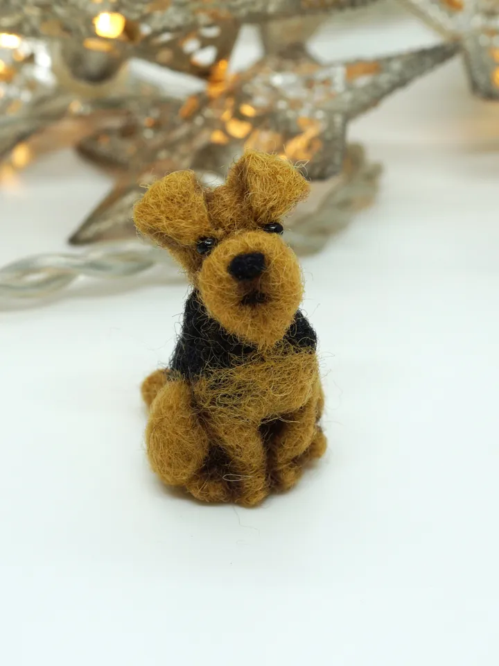 Tiny needle felted airedale terrier, miniature felted pet, dog portrait, Bingley waterside terrier, made to order