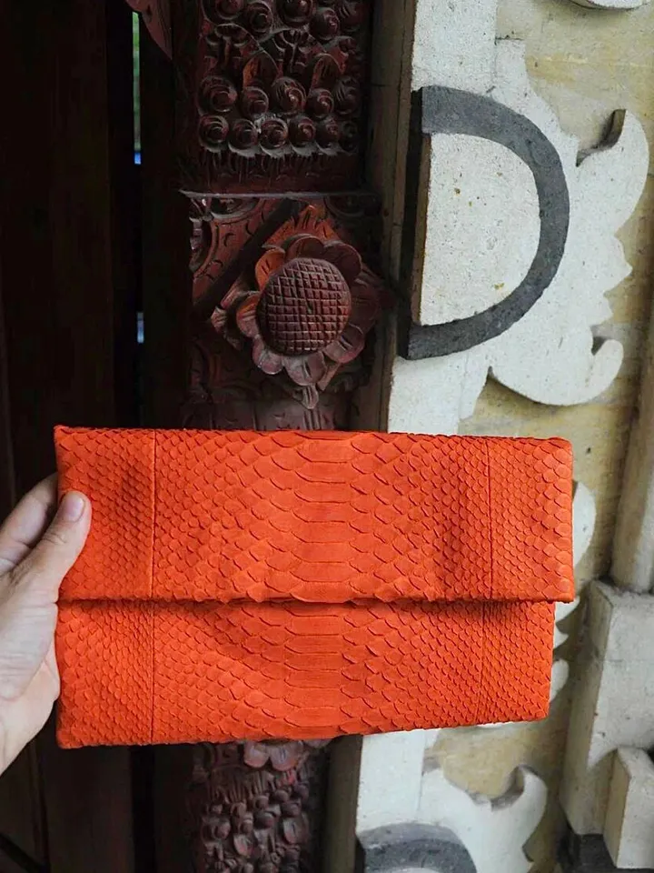 Genuine Python Skin Envelope Orange Clutch | Exotic Leather Bags | Small Classy Handmade Purse | Flat Elegant Evening Clutch| Snake Bag