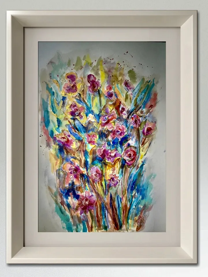 Flower fantasy original watercolor painting, flowers wall art, home decoration,gift,colourful flowers art.
